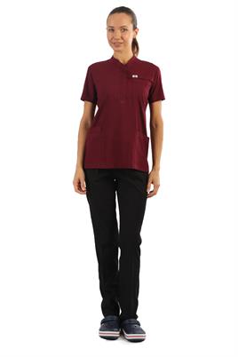 Polo Yaka Likralı Tek Üst-Bayan-Bordo