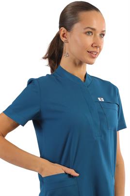 Polo Yaka Likralı Tek Üst-Bayan-PetrolMavisi