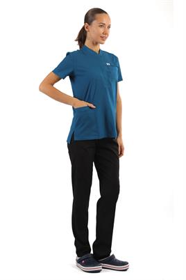 Polo Yaka Likralı Tek Üst-Bayan-PetrolMavisi