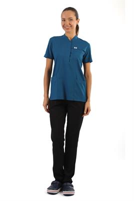 Polo Yaka Likralı Tek Üst-Bayan-PetrolMavisi