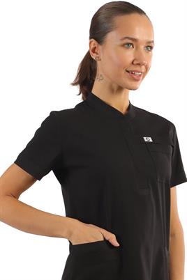 Polo Yaka Likralı Tek Üst-bayan-Siyah