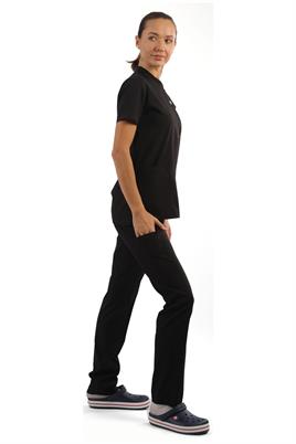 Polo Yaka Likralı Tek Üst-bayan-Siyah