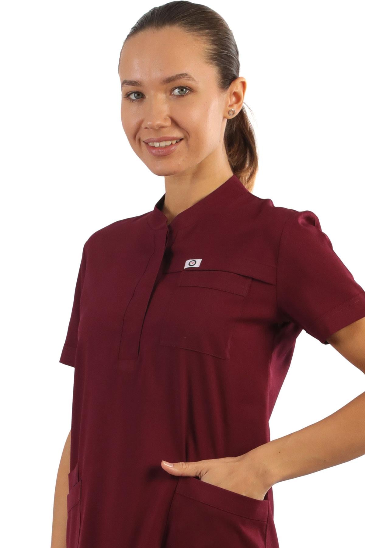 Polo Yaka Likralı Tek Üst-bayan-Bordo
