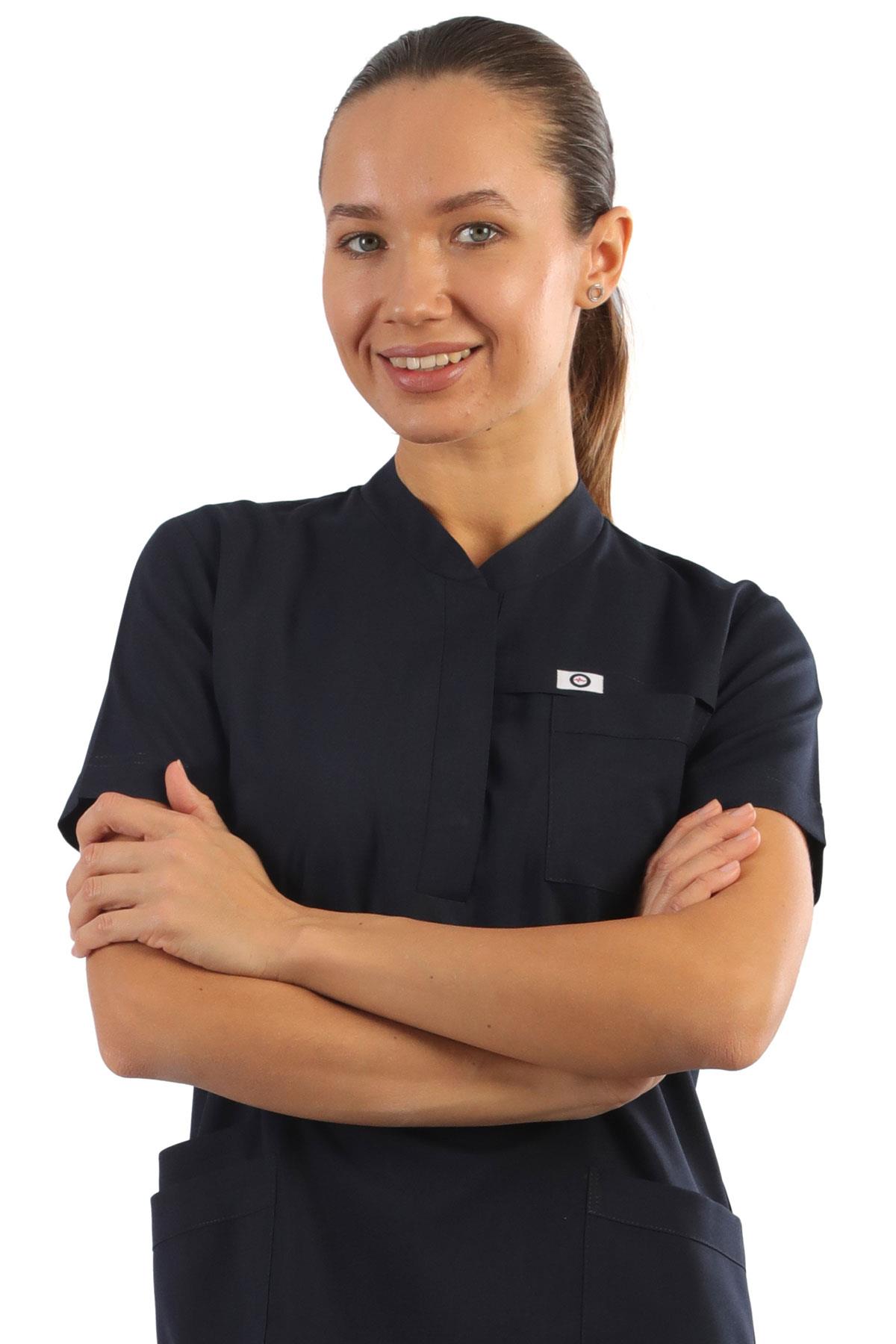 Polo Yaka Likralı Tek Üst-Bayan-Lacivert