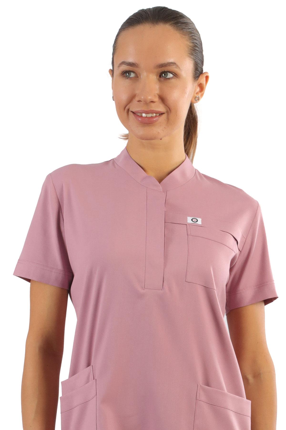 Polo Yaka Likralı Tek Üst-Bayan-Pudra