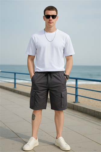 Antrasit Renk Kargo Cepli Paraşüt Kumaş Erkek Şort