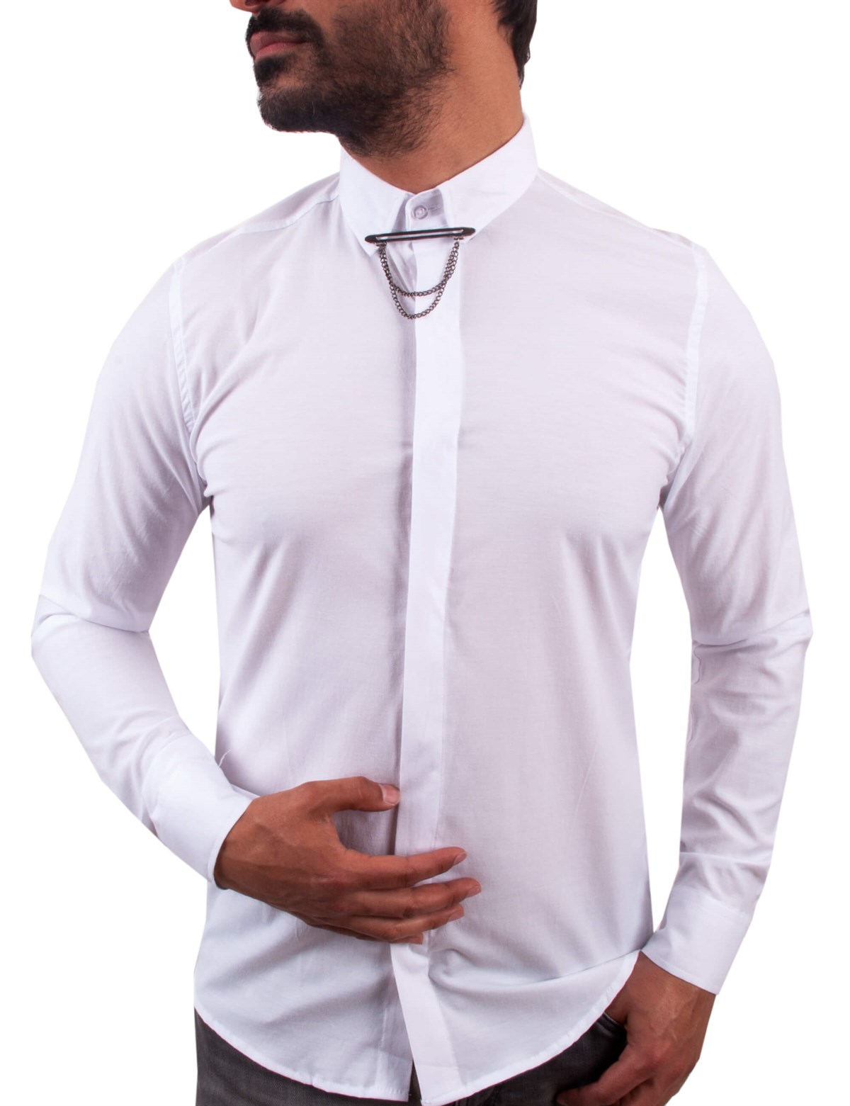 Beyaz Renk Yaka Zincirli Erkek Gömlek - Pobudo.com