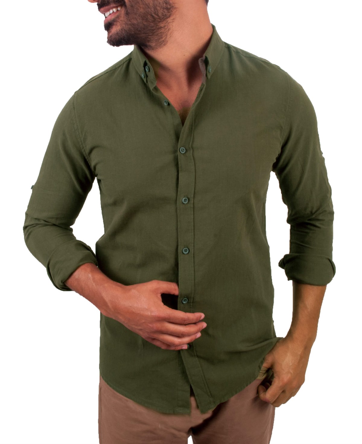 Haki Yeşil Renk Normal Yaka İnce Erkek Gömlek - Pobudo.com