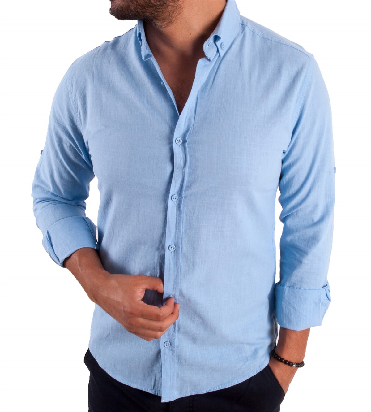 Mavi Renk Keten Görünüm Erkek Gömlek | Pobudo.com