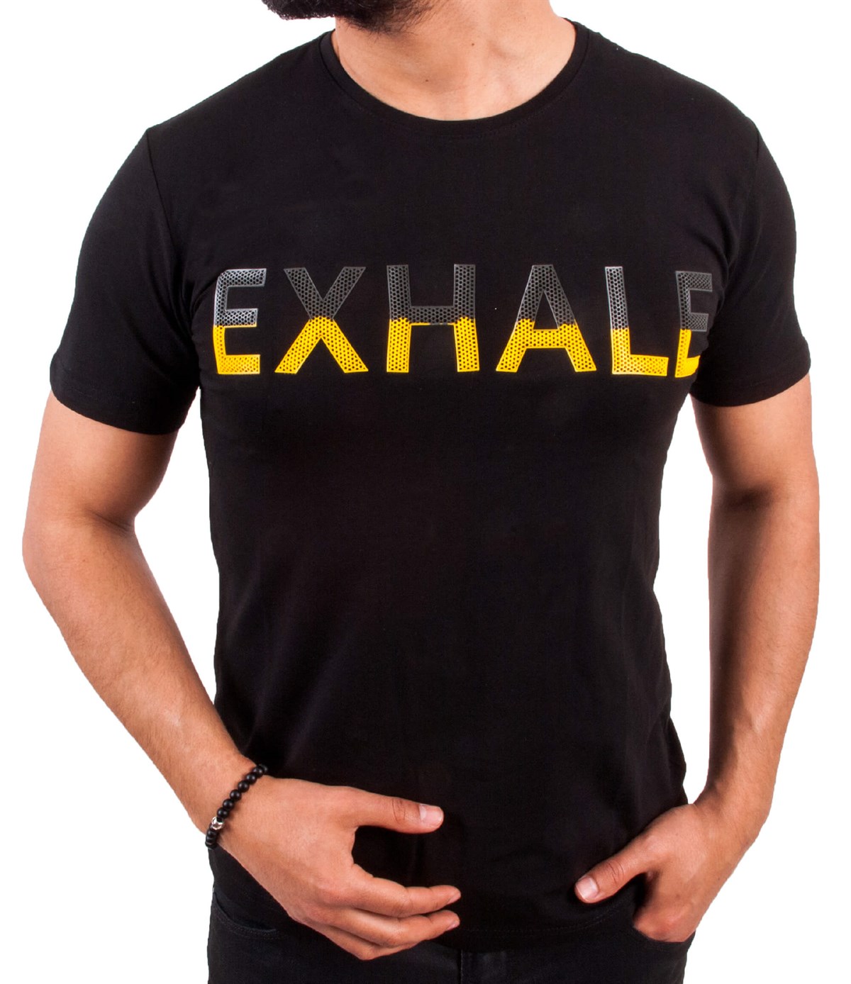 Siyah Renk Exhale Baskılı Erkek Tişört - Pobudo.com