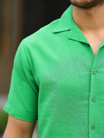 Yeşil Renk Pamuk Keten Kısa Kol Gömlek