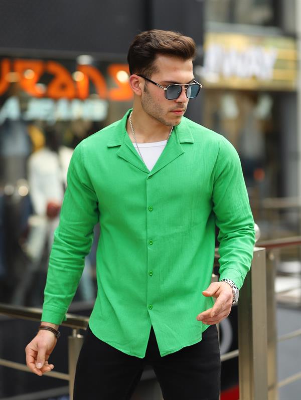 Yeşil Renk Keten Görünümlü Spor Gömlek