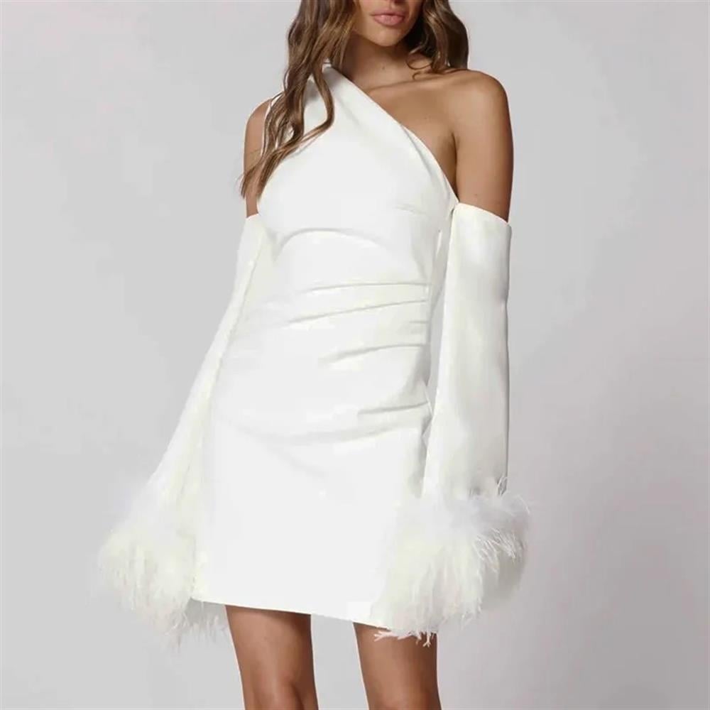 Beyaz Tek Omuz Mini Tasarım Elbise