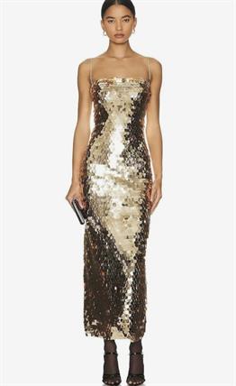 Askılı Gold Pullu Midi Tasarım Elbise