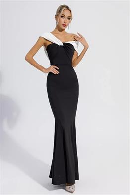 Beyaz Geçişli Siyah Maxi Tasarım Elbise