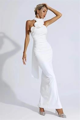 Beyaz Tasarım Yırtmaçlı Midi Elbise