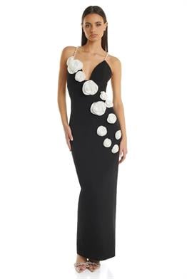 Gül Detaylı İnci Askılı Siyah Elbise