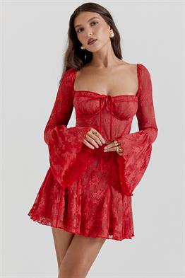 Kırmızı Dantel Detay Tasarım Elbise