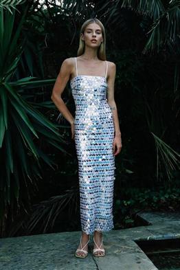 Pullu Gümüş Midi Tasarım Elbise