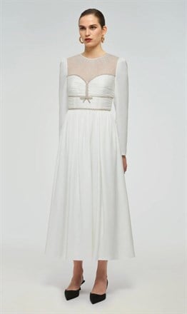 Savarovski Taşlı Beyaz Midi Tasarım Elbise