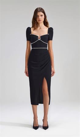 Siyah Midi Kristal Detay Tasarım Elbise