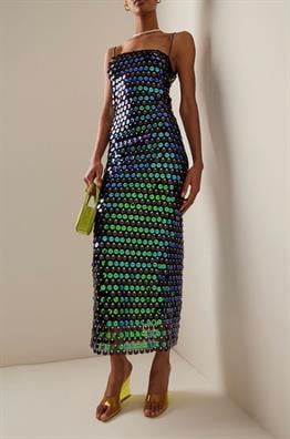 Yeşil Askılı Pullu Midi Tasarım Elbise