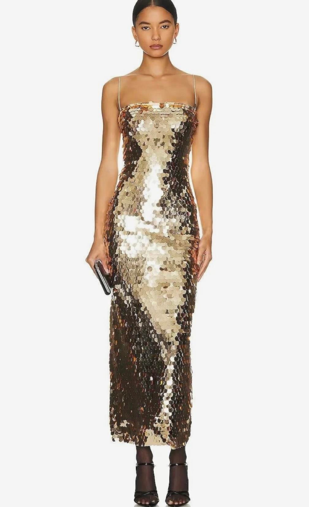 Askılı Gold Pullu Midi Tasarım Elbise