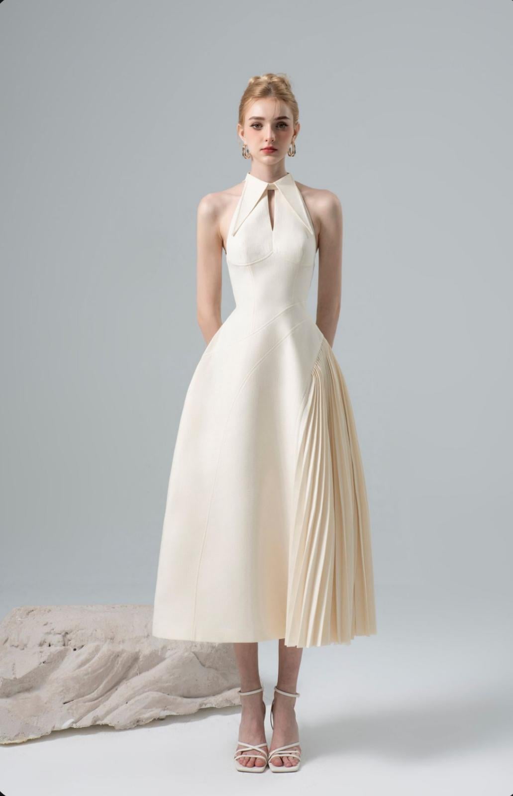 Bej Midi Tasarım Elbise