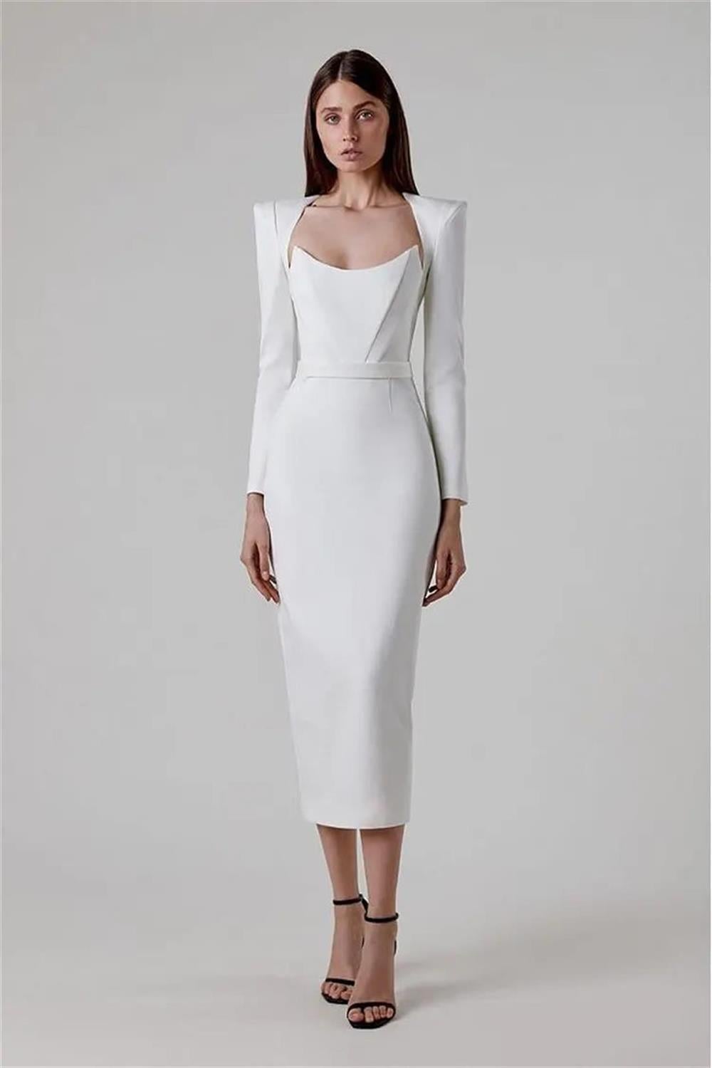 Beyaz Midi Bandaj Tasarım Elbise