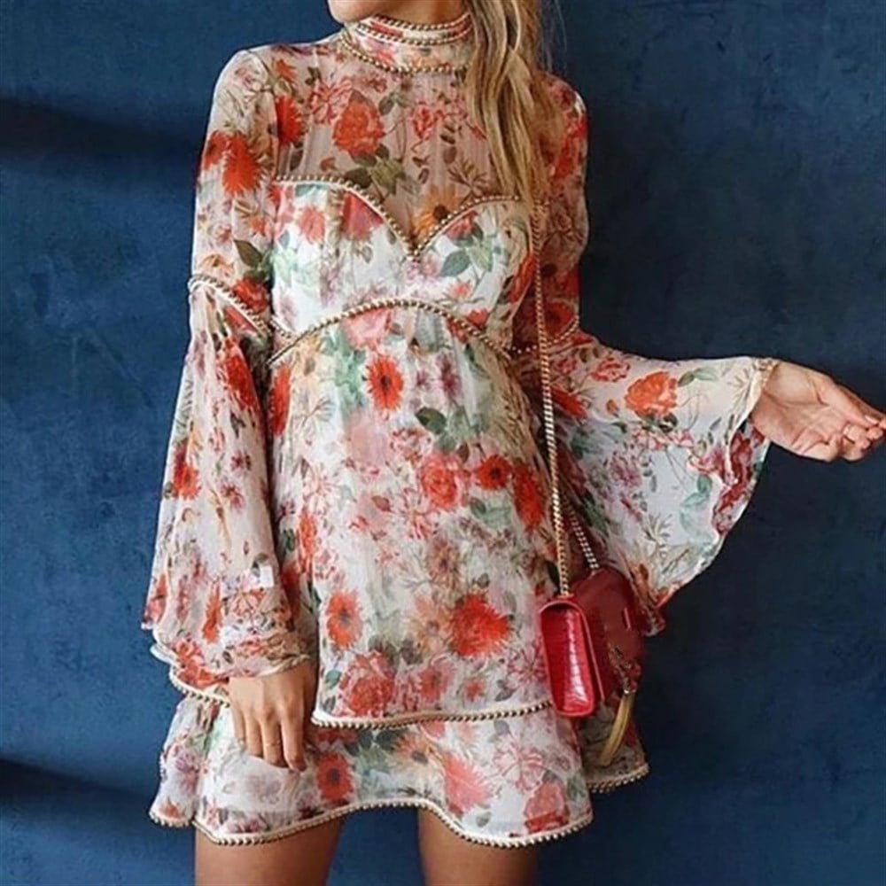 Boncuk Detay Floral Mini Uzun Kollu Tasarım Elbise