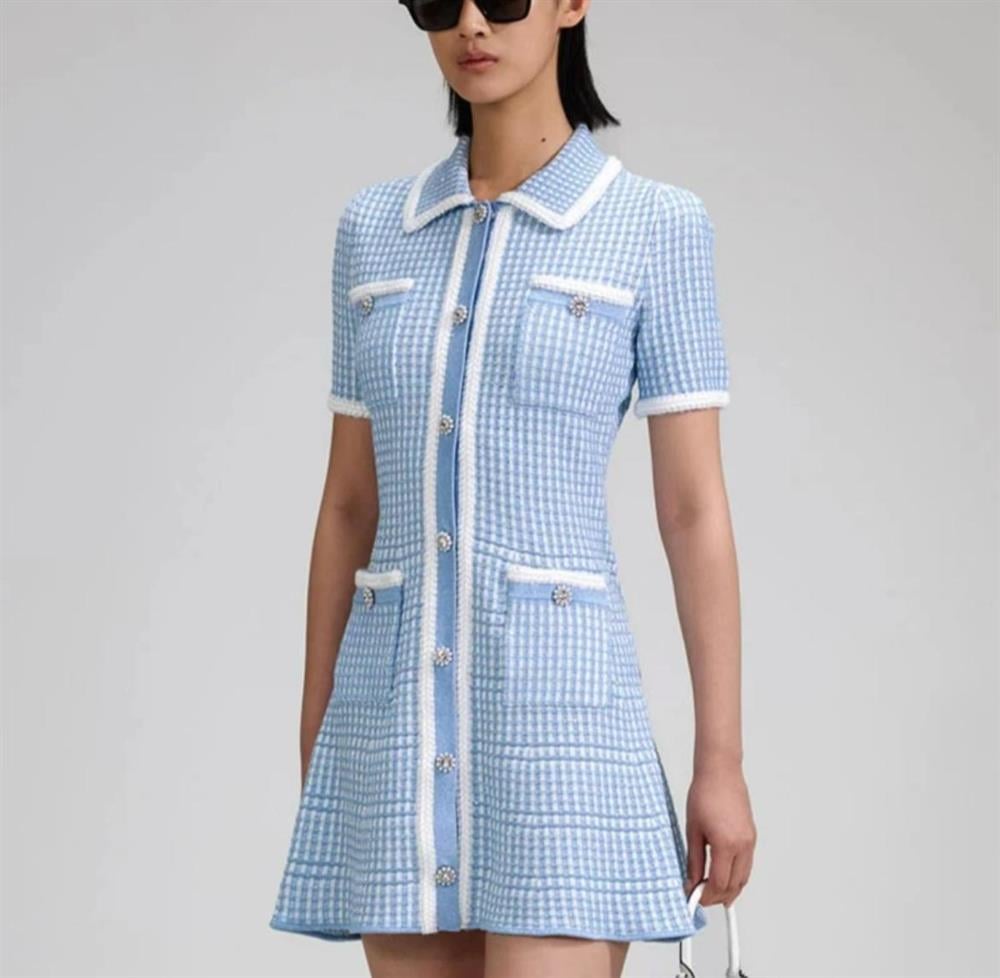 Ekoseli Mavi Tasarım Elbise