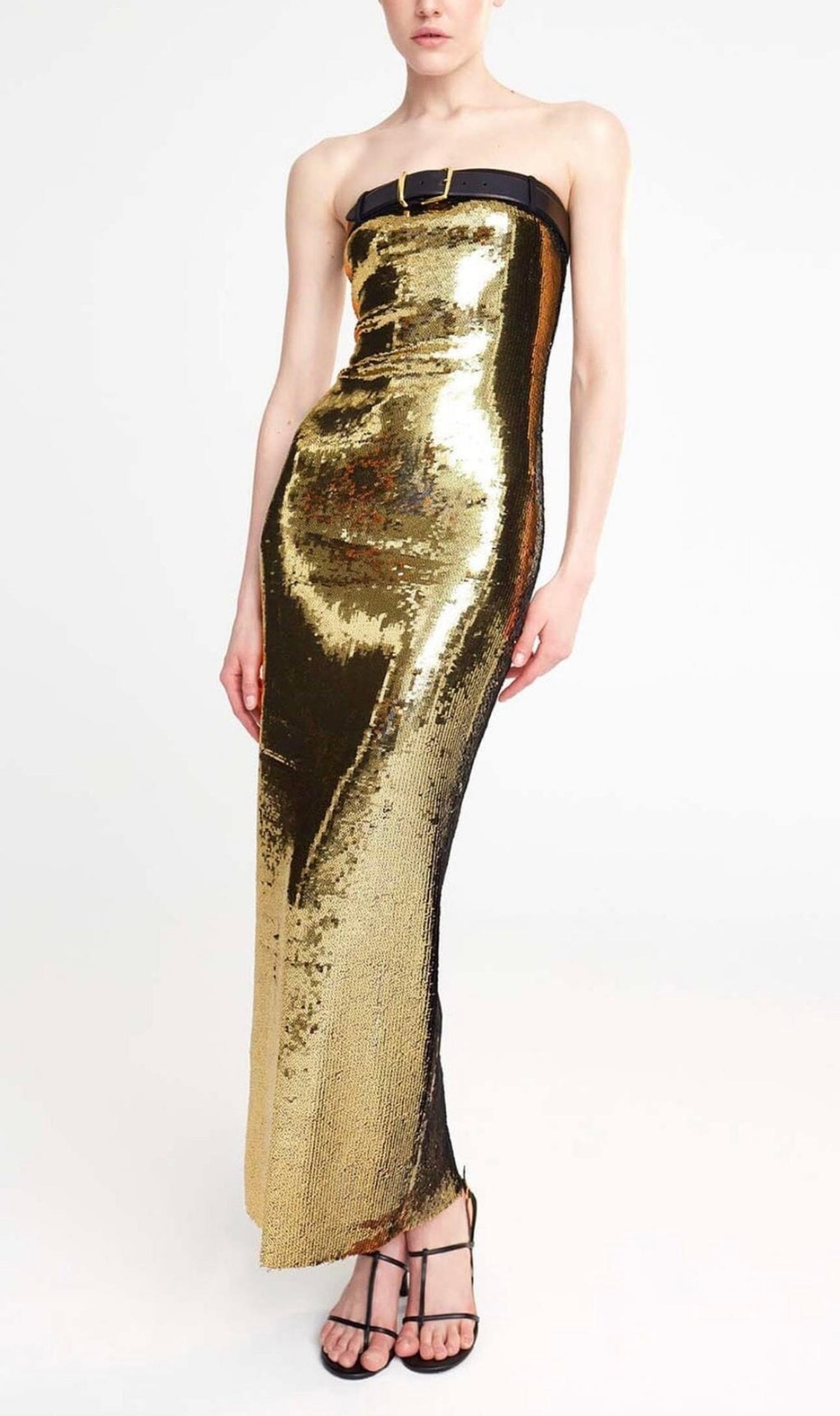 Gold Kemerli Straplez Midi Tasarım Elbise