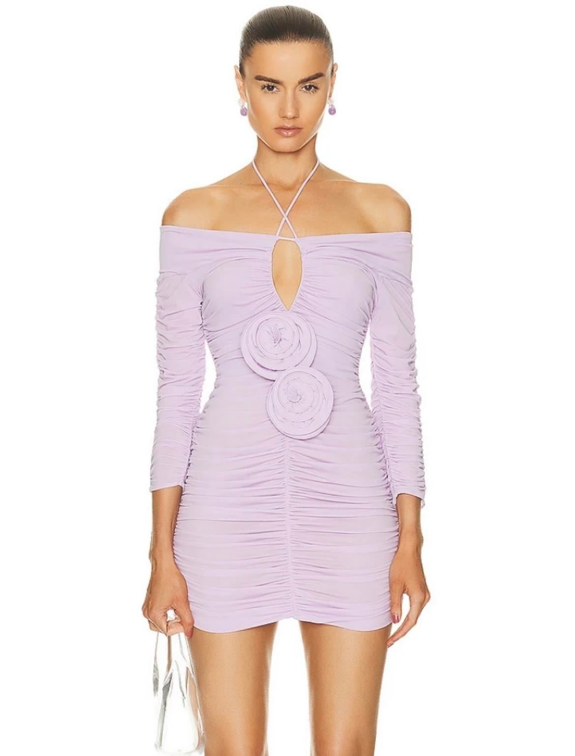 Lila Gül Detay Mini Tasarım Elbise