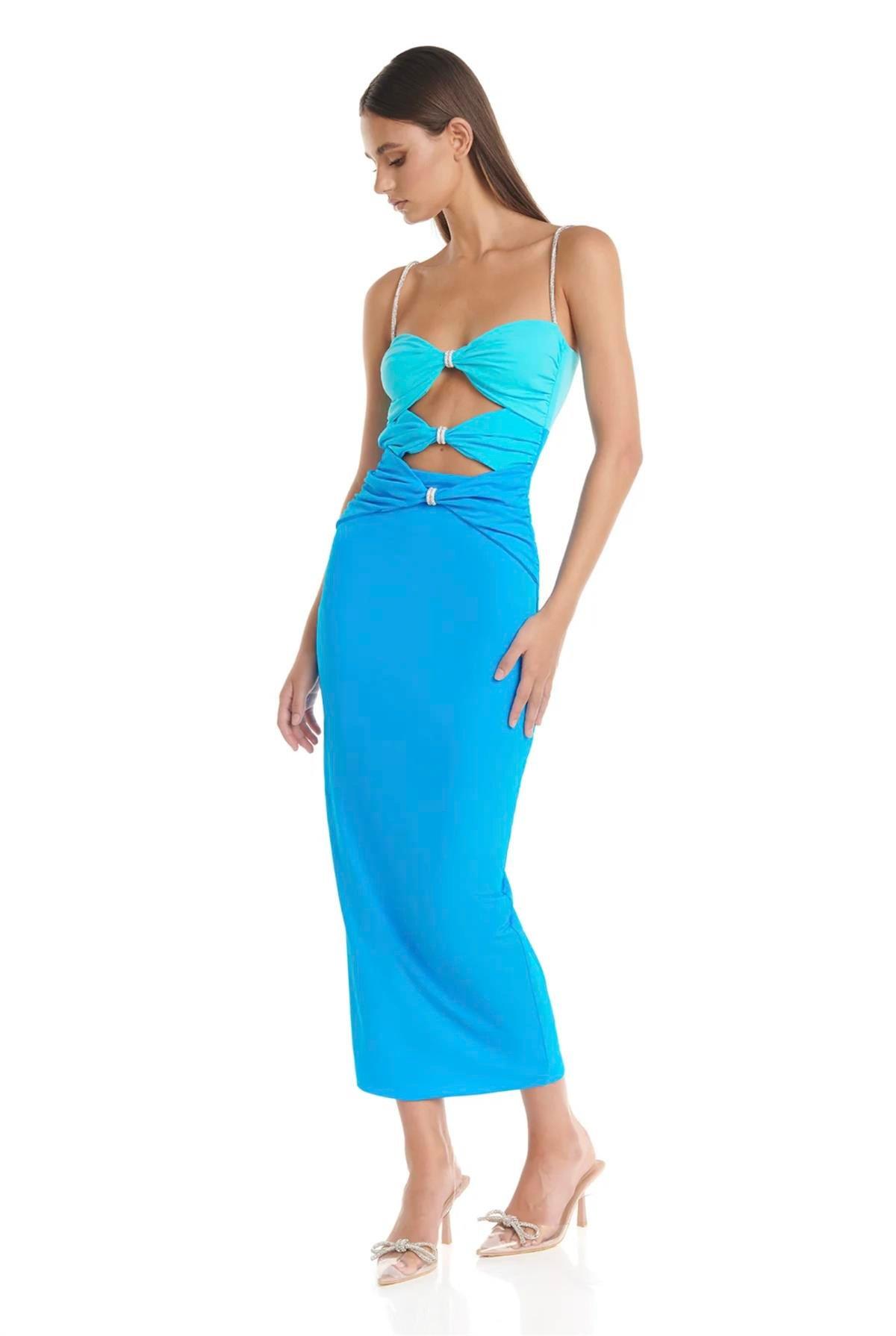 Mavi Jarse Kristal Askı Tasarım Elbise