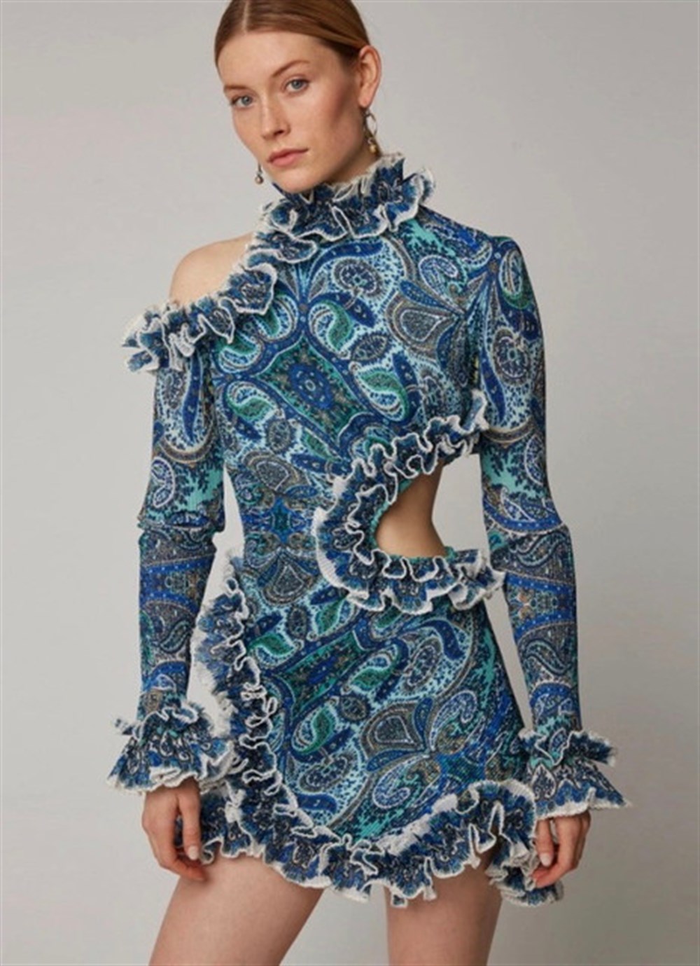 Mavi Uzun Kollu Bel Detay Mini Tasarım Elbise