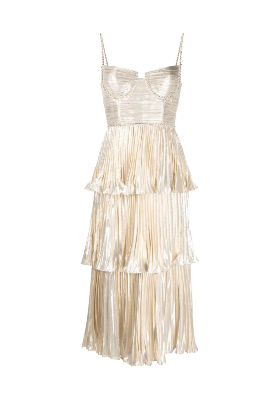 Metalik Sarı Askılı Midi Tasarım Elbise