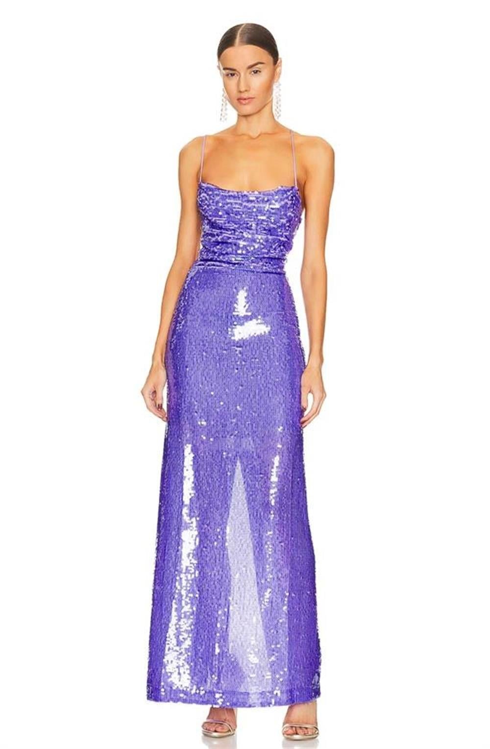 Mor Payetli Sırt Detay Tasarım Elbise