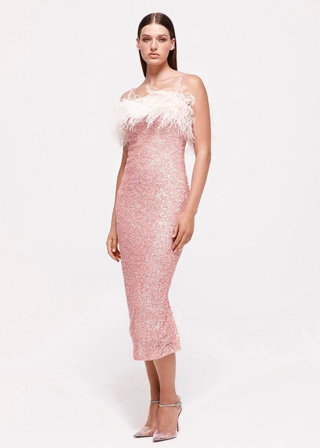 Otriş Pembe Midi Tasarım Elbise