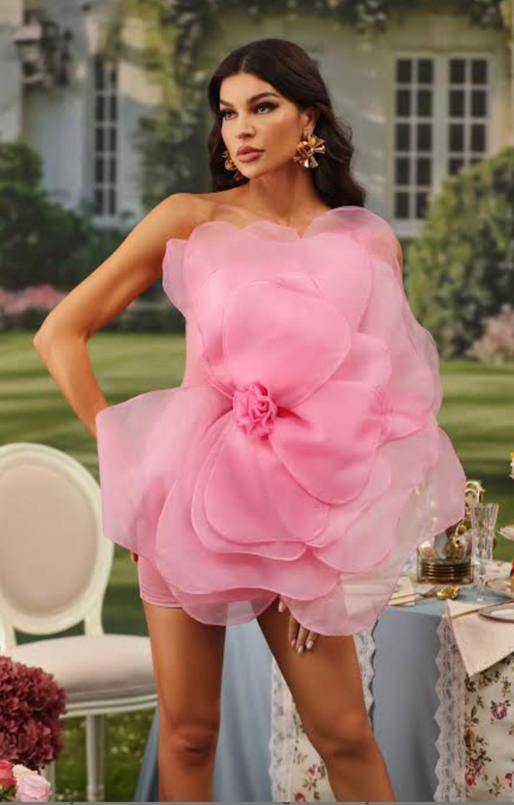 Pembe Çiçek Detay Mini Tasarım Elbise