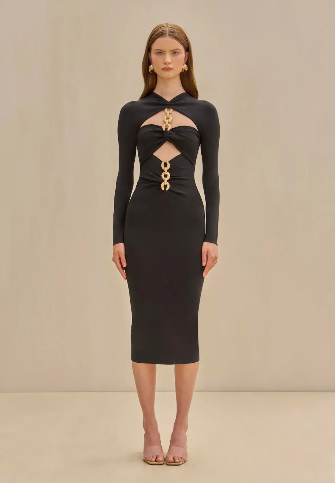 Siyah Bandaj Kumaş Midi Tasarım Elbise