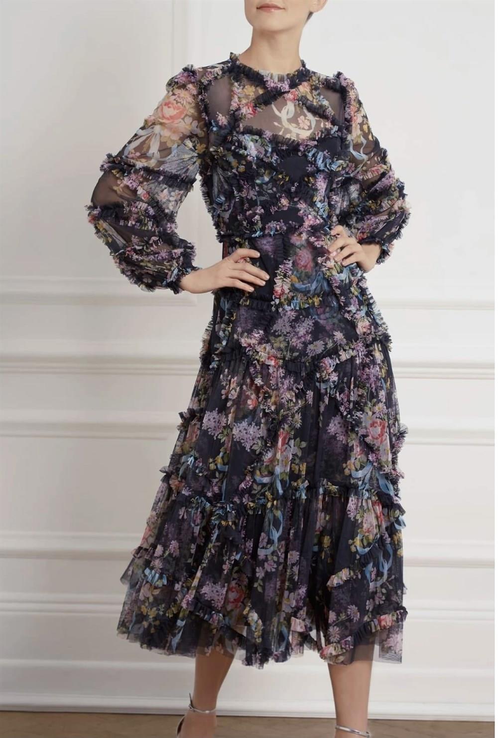 Siyah Floral Maxi Elbise