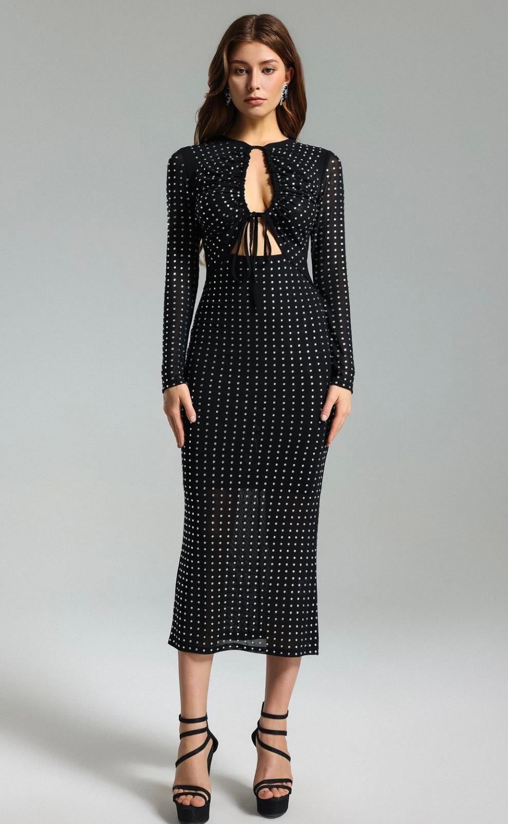 Siyah Kristal Taş İşleme Midi Tasarım Elbise