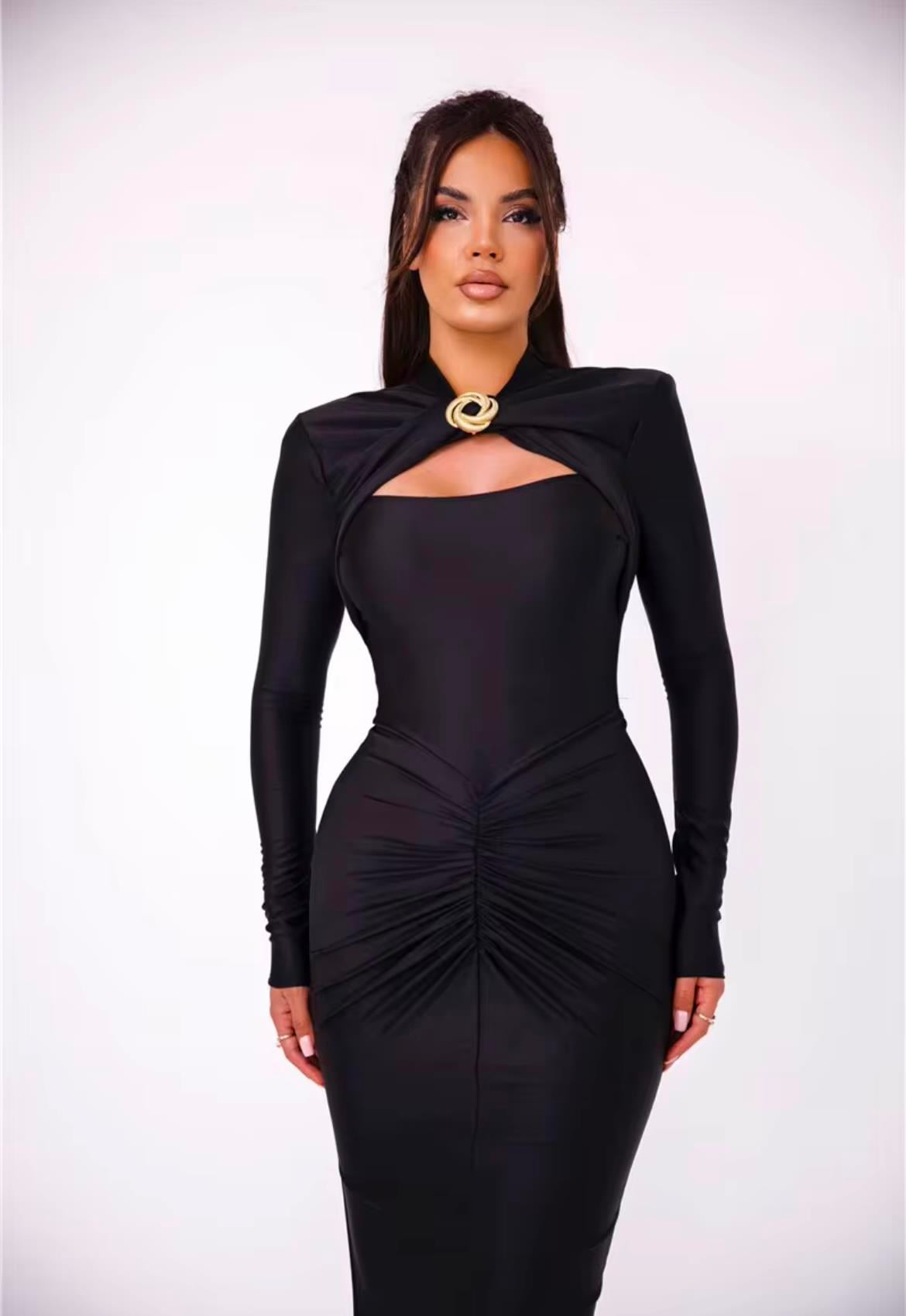 Siyah Uzun Kollu Midi Tasarım Elbise