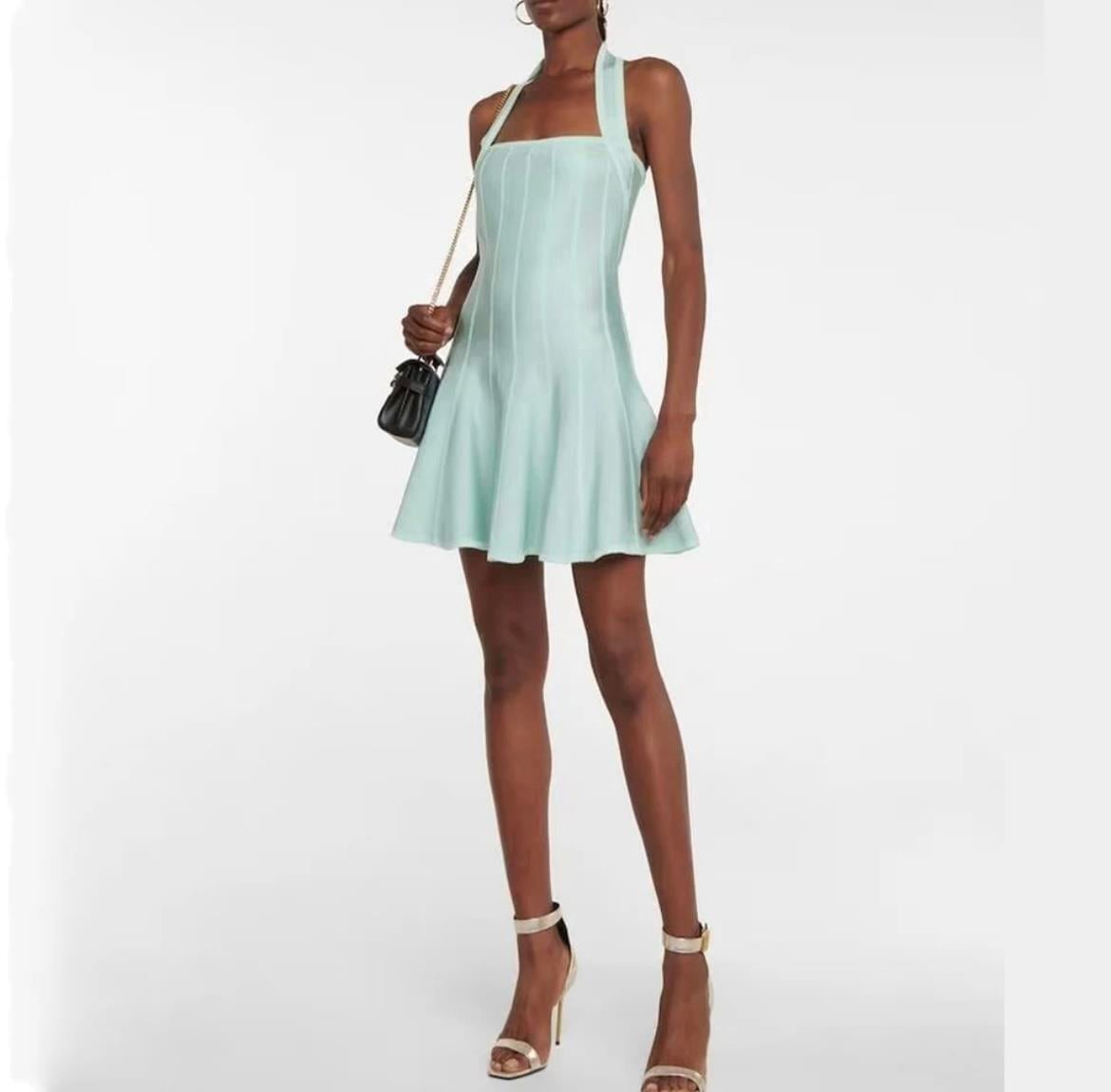 Su Yeşili Boyun Askı Mini Elbise