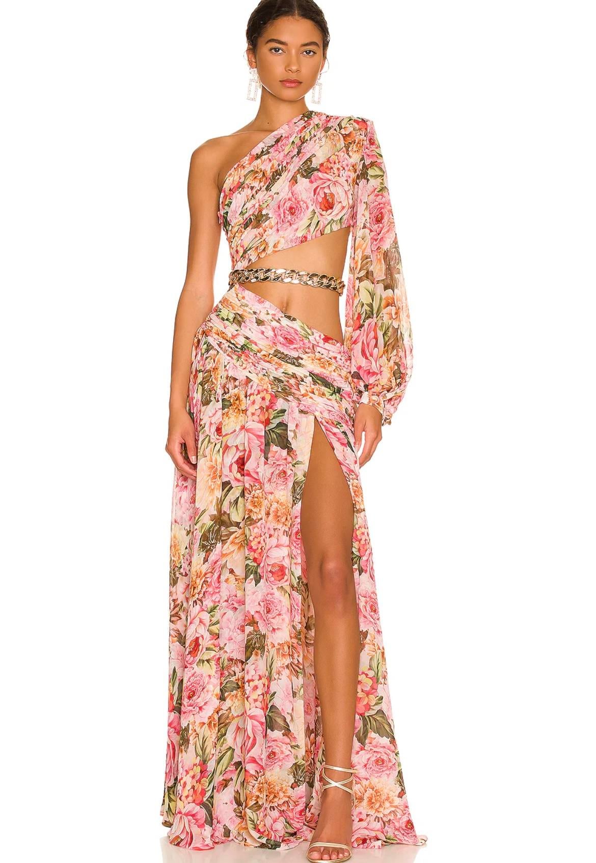 Tek Omuz Floral Tasarım Elbise