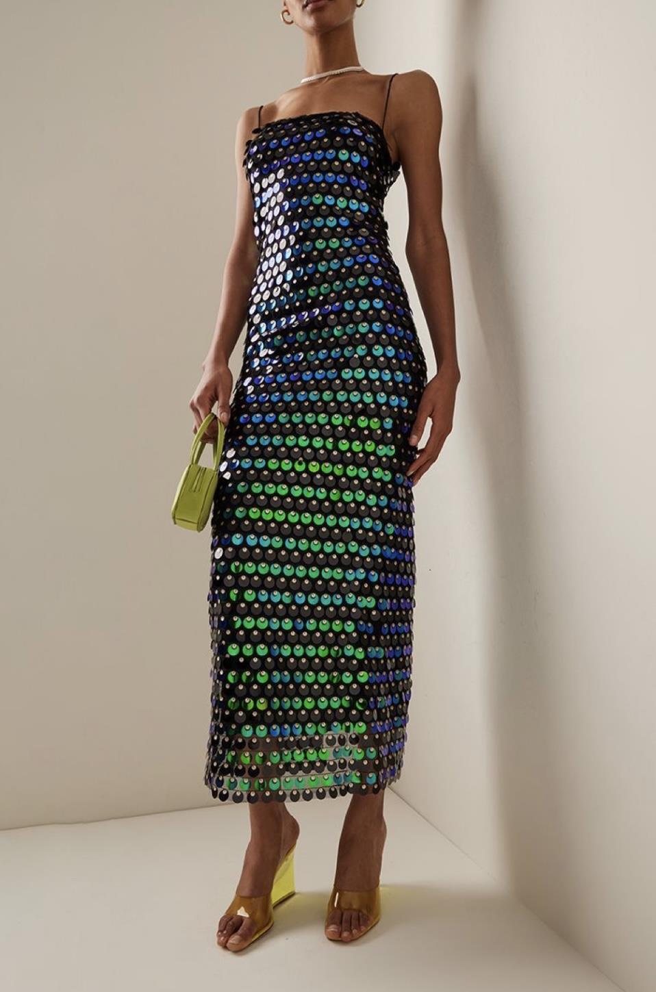 Yeşil Askılı Pullu Midi Tasarım Elbise