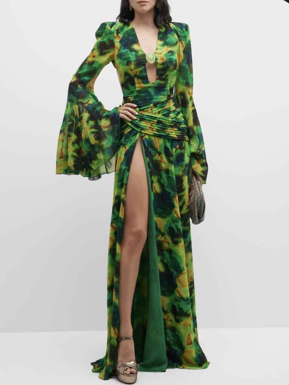 Yeşil Maxi Floral Tasarım Elbise