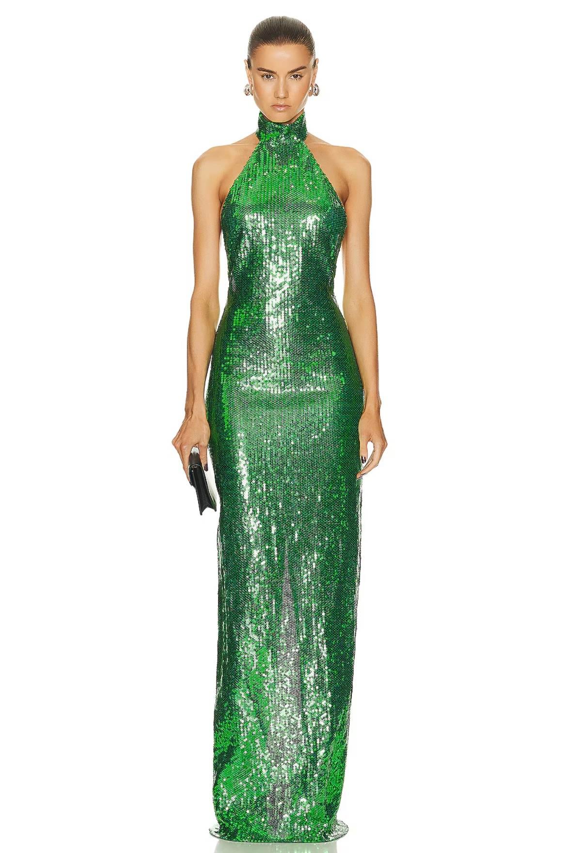 Yeşil Payetli Sırt Detay Tasarım Elbise