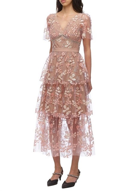 Pudra Çiçek Detay Midi Tasarım Elbise