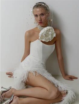 Beyaz Asimetrik Kesim Otrişli Bandaj Tasarım Elbise